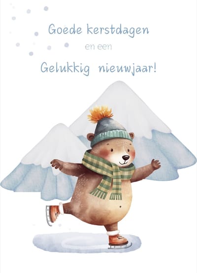 Kerstkaart voor kinderen- Beer met schaatsen- Goede kerstdagen en een gelukkig nieuwjaar- Kwaliteitskaart 400 grams papier- Achterzijde voorbedrukt met adresregels