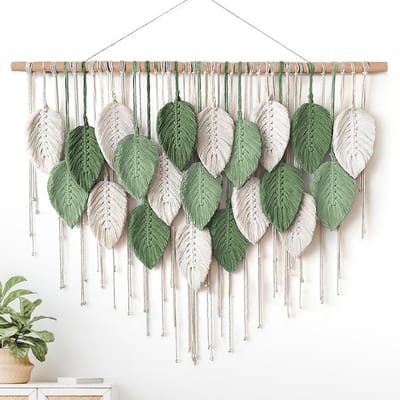 Allecto - Wandtapijt - Boho Macrame - Unieke wanddecoratie - 100 x 72 cm - Bladpatroon - Voor slaapkamer en woonkamer - Wit