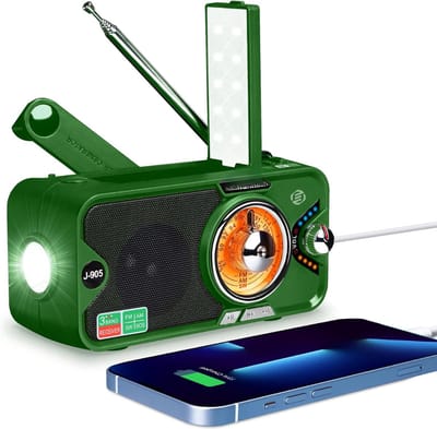 Noodradio - Noodradio Opwindbaar - FM/AM/SW Zwengelradio met Zonne-energie en Bluetooth - Dynamo-radio met 3600 mAh Powerbank - SOS-Alarm - LED-Zaklamp en Leeslamp - Geschikt voor Camping en Outdoor