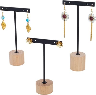 Set van 3 Zwarte Metalen Oorbellenstandaards met T-Bar, 12/14,5/16,7 cm Hoog, Ronde Houten Basis voor Sieraden Organisatie en Fotografie Props