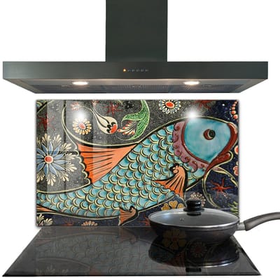 Tulup Achterwand Keuken - Mozaïekvis Vintage Keramiek Spatscherm Keuken - 100 x 70 cm - Groente Achterwand Keuken Glas - Dieren Spatplaat Keuken - Kookplaat achterwand - Kookplaatachterwanden