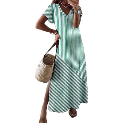 Robe d'été pour femme Décolleté en V Fente latérale Coupe trapèze Coupe confortable Manches courtes Imprimé rayé Pull Longueur cheville Robe maxi pour vacances Plage S vert
