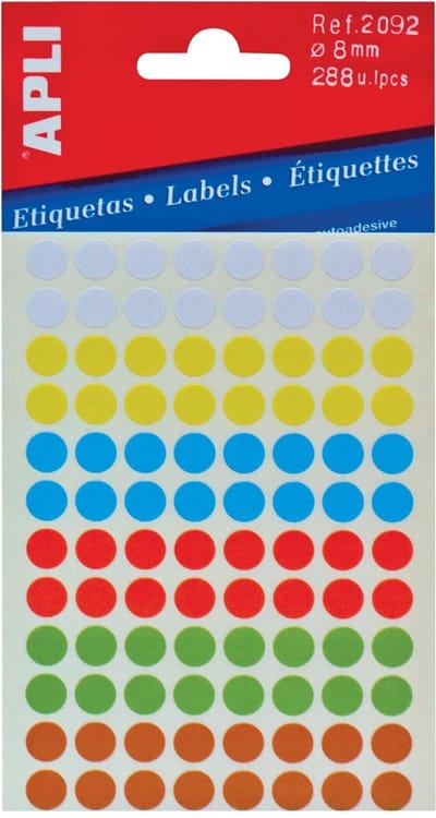 Apli ronde etiketten in etui diameter 8 mm, geassorteerde kleuren, 288 stuks, 96 per blad (2092)