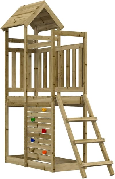 Speeltoren Hout - Buiten Speeltoestel - Actief Buitenspelen - Inclusief Glijbaan - 214 cm Hoog - Bruin