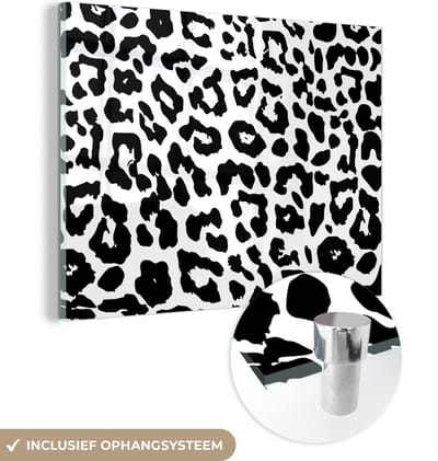 MuchoWow® Glasschilderij 120x90 cm - Schilderij acrylglas - Design - Dierenprint - Zwart - Wit - Foto op glas - Schilderijen