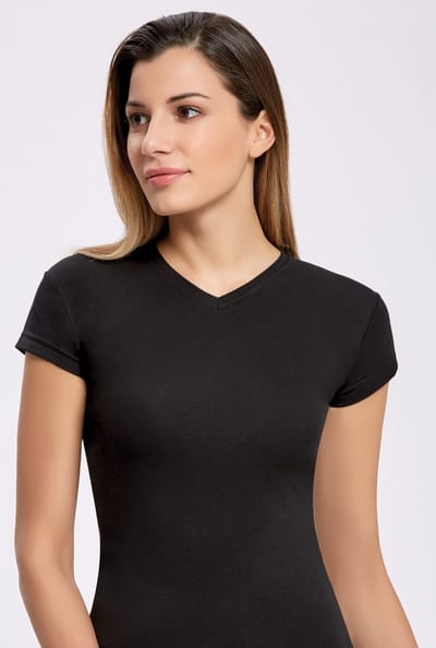 ilke® 2 Pack Dames T shirts Met V Hals en Met Korte Mauwen - Onderhemd Dames - Zwart - L