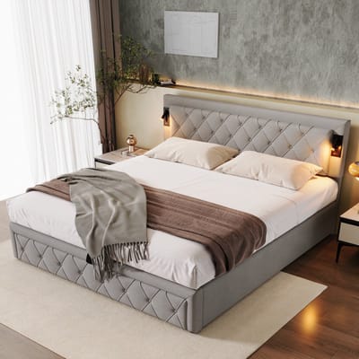 DESMIU Gestoffeerd Bed 180x200cm - Bed Met Leesverlichting En Oplaadpunt - Opbergruimte Met Hydraulische Lift - Tweepersoonsbed Voor Slaapkamer - Linnen - Grijs - Zonder Matras
