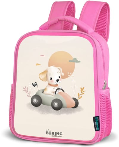 NoBoringSuitcases.com® - Rugzak roze - Schooltas meisjes - Puppy in een raceauto in beige kleuren - Kinder rugtas meisje - Boekentas kind - Kinderrugzak voor school - Schoolrugzak