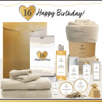 Geschenkset “16 Happy Birthday” - 13 producten - 1980 gram | Cadeau voor haar Zestien jaar - Cadeaupakket Feestje Wellness Pakket Douchegel Luxe Giftset Fleece deken Handdoeken Verjaardag Gefeliciteerd Sweet Sixteen Party Gift Set Okergeel Crème