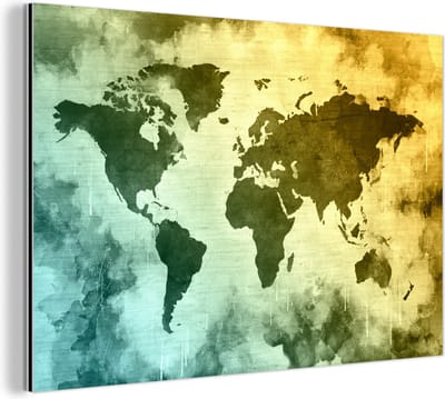Aluminium schilderij 120x80 cm - Wanddecoratie metaal - Wereldkaart - Groen - Blauw - Metalen muurdecoratie woonkamer - Decoratie industrieel - Foto op dibond - Industriële accessoires slaapkamer