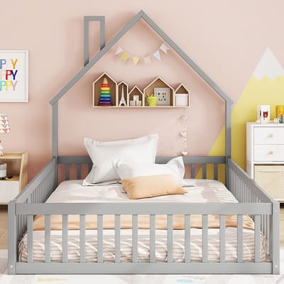 KOMHTOM Kajuitbed Kinderbed 140 x 200 cm hout Lattenbodem Grenen met beschermend hekwerk Grijs