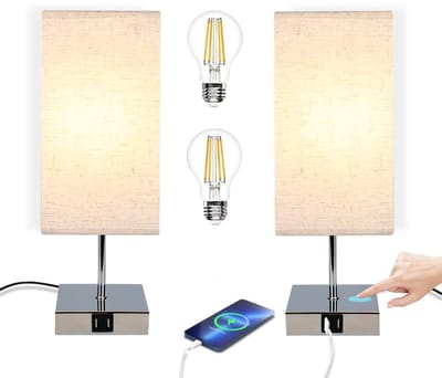 NETTLIFE Tafellamp E27 - 2 Stuks - chroom - rechthoekig - 3000K Warm wit Licht - Touch Dimbaar - nachtlamp met USB laadfunctie - stoffen lampenkap - voor Nachtkastje | Eetkamer | Woonkamer | Slaapkamer - excl. lichtbron