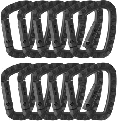 Set van 12 D-vormige Plastic Karabijnhaken – Grote Zwarte Plastic Karabijnhaken voor Molle Pouch, Kamperen, Wandelen en Vissen