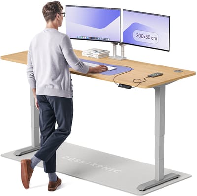 Desktronic HomePro Zit-sta Bureau Elektrisch In Hoogte Verstelbaar, 200x80cm Grijs/Eiken, Stille Dubbele Motor, Hoogte 62-126cm
