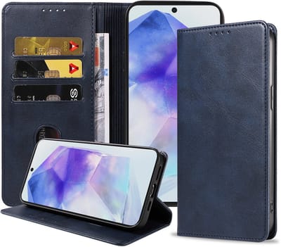 Smartphonica Telefoonhoesje Geschikt voor Samsung Galaxy A55 Kunstleer met Magnetische sluiting en Pasjeshouder Bookcase met Klepje - Blauw geschikt voor Samsung Galaxy A55