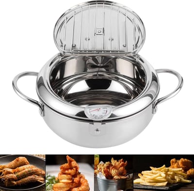 Japanse Frituurpan - Tempura Koekenpan - Veilig Frituren - Met Nauwkeurige Thermometer - 20 cm Diameter - Zilverkleurig