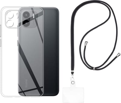 Set met hoesje en nekband voor xiaomi redmi a1 / redmi a2 - Flexibele, transparante TPU-bescherming, verstelbare universele nekband voor mobiele telefoons, zwarte nekband, transparante draagriem van Phonillico®