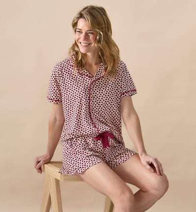 Little Label - JULIE - damespyjama - rode hartjes - extra zachte bio katoen - maat: XS/34-36