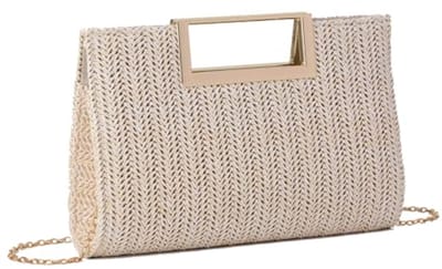 Dames Stro Tas - Zomer Clutch - Feestelijk Uitje - Afneembare Ketting - 26 x 17 cm - Natuurlijk