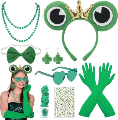 Dames Kikker Kostuum Accessoires Set met Haarband, Oorbellen, Ketting, Strik, Groene Bril en Handschoenen voor Feestjes en Carnaval