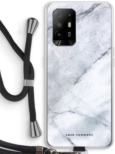 Case Company® - Hoesje met koord geschikt voor Oppo A94 5G hoesje met Koord - Witte marmer - Telefoonhoesje met Zwart Koord - Bescherming aan alle Kanten en Over de Schermrand