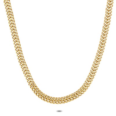 Twice As Nice Halsketting in goudkleurig edelstaal, dubbele platte gourmet ketting 38cm+5cm