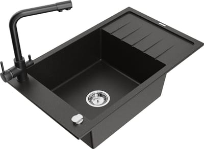 Mexen Elias granieten gootsteen 1-kompartment met afdruiprek en keukenmengkraan Duero, zwart/goud metallic - 6511-75-671600-70