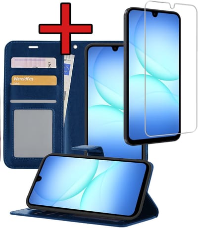 Hoesje - Met Screenprotector - Geschikt voor Samsung Galaxy A17 - Luxe Pasjeshouder - Flipcase - Bookcase Portemonee - Flip Case - Kunstleer Book Case - Book Cover - Walletcase - Portemonneehoes - Telefoonhoes - Donkerblauw