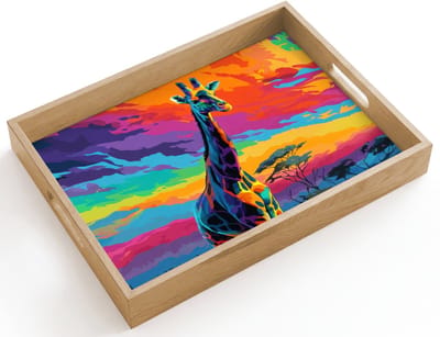 Dienblad hout 40x30 cm - Schootdienblad - Giraffe - Savanna - Lucht - Gekleurd - Borrelplank rechthoek - Plateau dienbladen