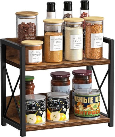 2-Laags Kruidenrek Industrieel – Aanrechtplank & Bureau Organizer – Staand Opbergrek – Metaal Design – Voor Keuken, Kantoor & Woonkamer – Rustieke Stijl