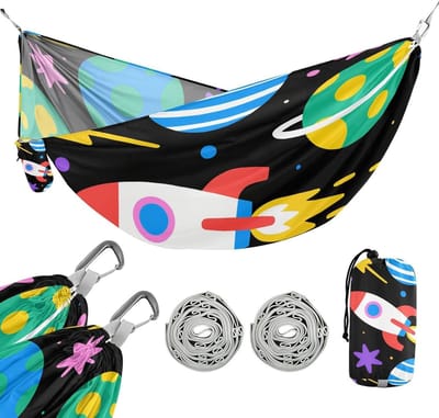 Hangmat met banden - Draagbare schommel - Outdoor ontspanning - Met opbergvakje - 290 x 138 cm - Cartoon zwart planet