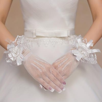 1 paire de gants de mariage pour mariée, maille tricotée haute élasticité dentelle fleur maille robe manches à main, gants de style décoratifs respirants blanc