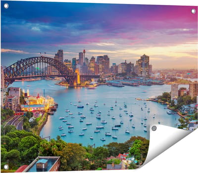 Gards Tuinposter Sydney Harbour Bridge in de Avond - 80x60 cm - Tuindoek - Tuindecoratie - Wanddecoratie buiten - Tuinschilderij
