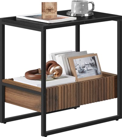 O'DADDY® Bijzettafel - Vierkant Tafeltje - Met Verstelbare Lade - Bijzet Tafel - Koffietafel - Nachtkastje - 55x35x55 cm - Zwart Metaal/Bruin Hout