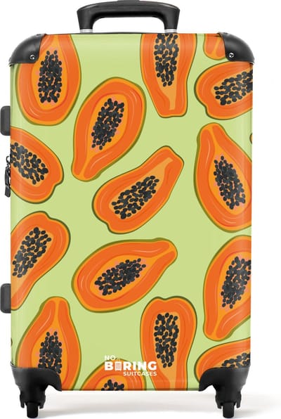 NoBoringSuitcases.com® - Koffer groot - Rolkoffer lichtgewicht - Groen met oranje papaja's - Reiskoffer met 4 wielen - Grote trolley XL - 20 kg bagage