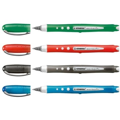 STABILO worker+ colorful - Rollerbal Pen 0.5 mm - Zwart, Blauw, Groen & Rood - Etui Met 4 Kleuren