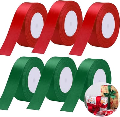 Satin Lint voor Kerstmis - 22m x 6 Rollen, 20mm Breed, Perfect voor Cadeauverpakking, Knutselen en Haarbanden