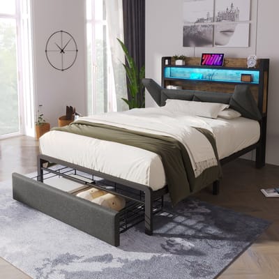 STILVORA Gestoffeerd Bed 90x200 cm - Met Lattenbodem En USB Oplaadfunctie - Eenpersoonsbed Met Opbergruimte - Grijs