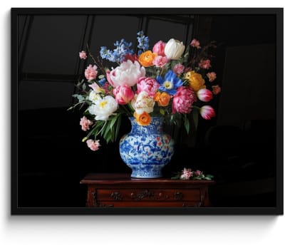 Poster in lijst - Fotolijst 70x50 cm - Posters - Rozen - Bloemen - Vaas - Boeket - Posterlijst zwart - Decoratie - Wanddecoratie woonkamer - Muurdecoratie slaapkamer