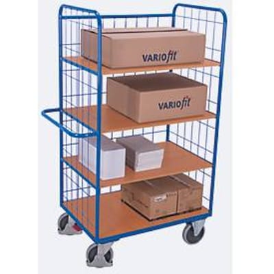Etagewagen met draadgaas, staal/MDF-plaat, decor gentiaanblauw/beuken, 4 etages, 1175 x 800 mm, EasySTOP, tot 500 kg