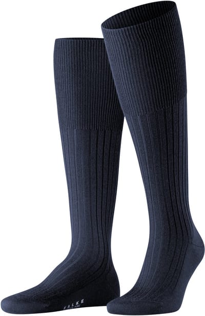FALKE Bristol Pure effen geribd wol kniekousen heren blauw - maat 39-40