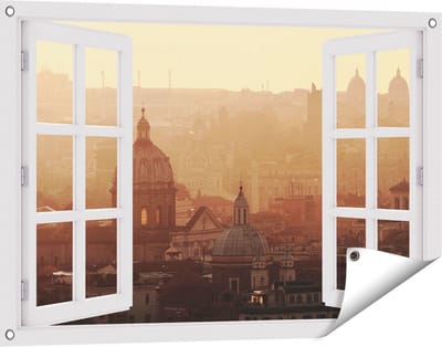 Gards Tuinposter Doorkijk Rome Stad bij Zonsopgang - 90x60 cm - Tuindoek - Tuindecoratie - Wanddecoratie buiten - Tuinschilderij