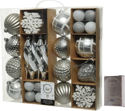 50x Zilveren kerstballen en figuren 4-8-15 cm kunststof mix incl. 50x stuks ophanghaakjes