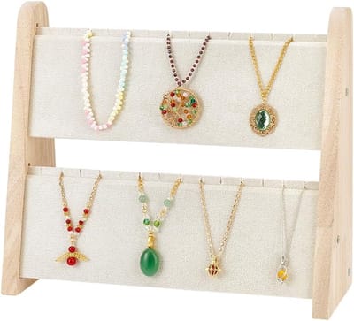 Houten kettinghouder met 2 niveaus voor sieraden, organizer voor 34 halskettingen, beige kleur