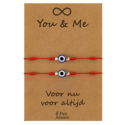 Vriendschapsarmbandjes voor 2 " You & Me ∞" - Evil Eye - BFF Armbandjes met Persoonlijk Cadeau Kaartje - Rood - Elastisch Verstelbaar - Pax Amare