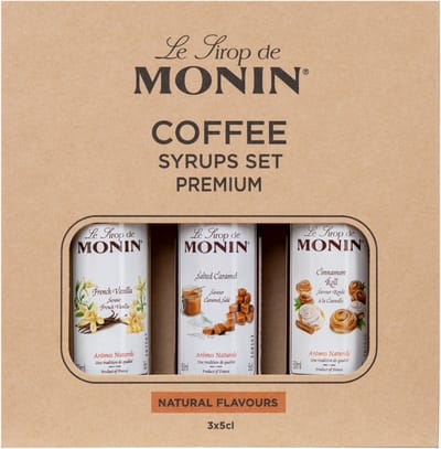 Monin Koffiesiropen MIX Set Klein 3x 5cl (Cinnamon Roll, Salted Caramel en Franse Vanille)