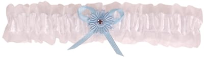 Kousenband wit met blauw bloemetje en strass