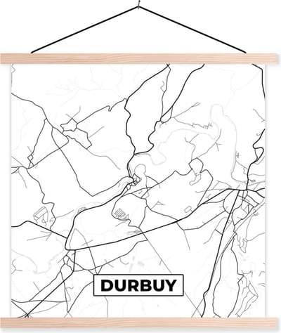 Posterhanger incl. Poster 40x40 cm - Schoolplaat - Plattegrond – Durbuy – Zwart Wit – Stadskaart - Kaart - België - Textielposter - Blanke latten - Stadskaart