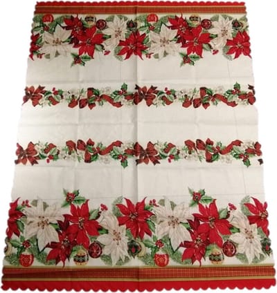 Kerst thema print tafelkleed van 150 x 220 cm - Kerstbloemen print in de kleuren ecru/groen/rood - Materiaal: polyester