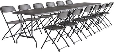 sweeek - Set van 2 opvouwbare plastic receptietafels 180cm + 12 bijzetstoelen, campingtafel